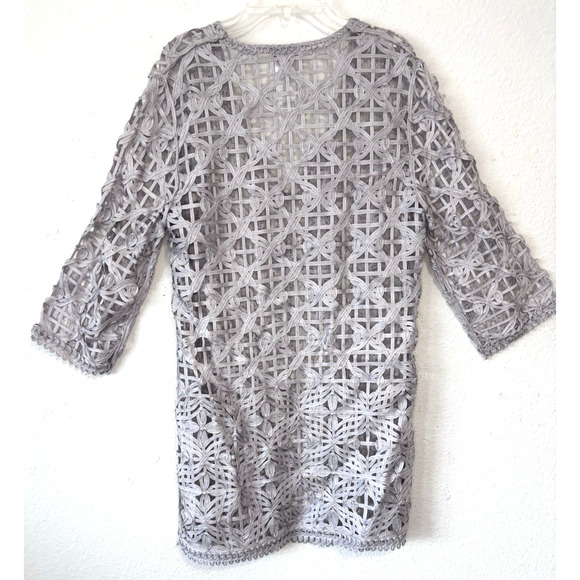 Chico’s Travelers Crochet Cardigan SM Womens Gray‎ Open Front 3/4 Sleeve Boho - Picture 2 of 7